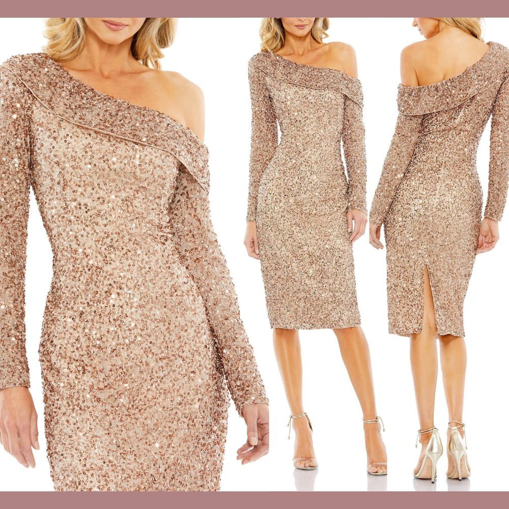 NWT $398 Mac Duggal [ 4 ] 5595‎ Long Sleeve Sequin Off Shoulder Dress Copper